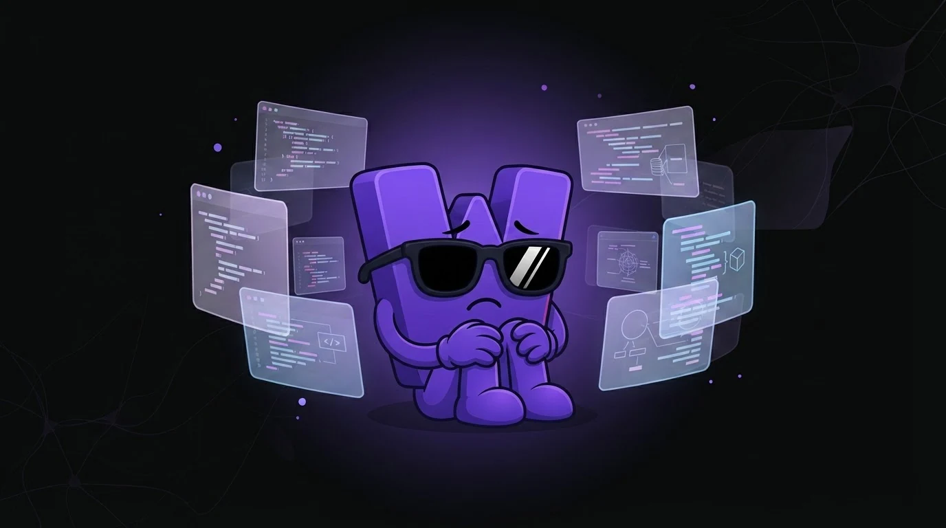 Wanta.dev mascot surrounded by floating code windows with no developer