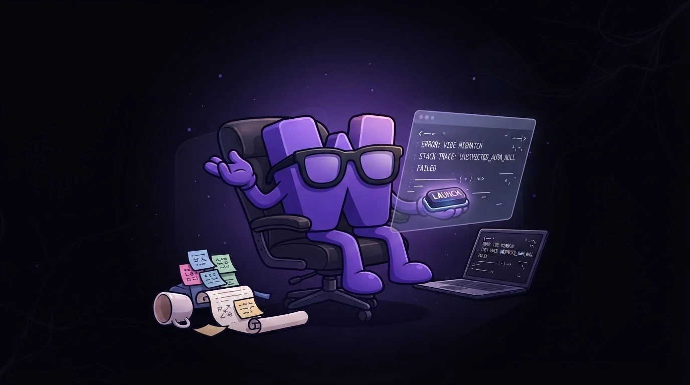 Wanta.dev mascot looking at a failed launch screen surrounded by tickets and a laptop