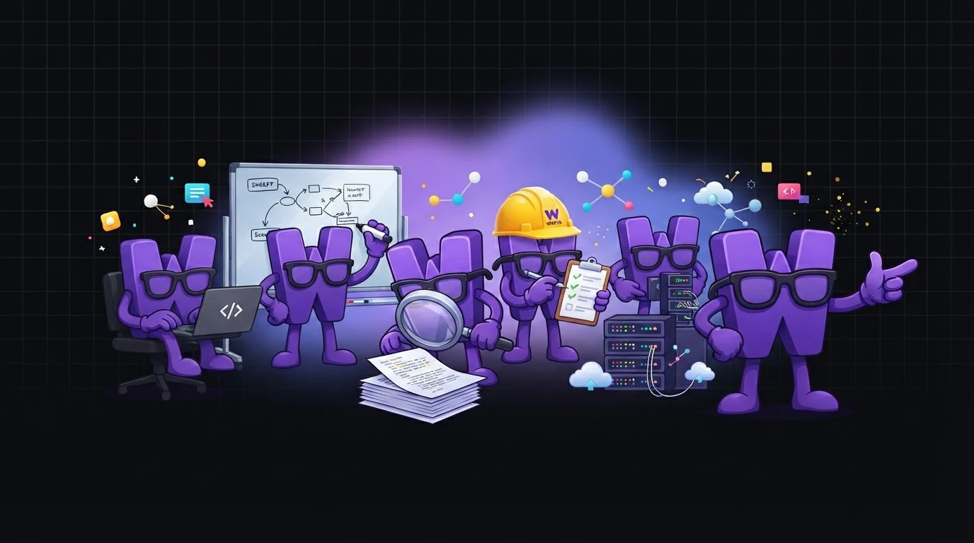 A team of illustrated characters planning, coding and shipping software together