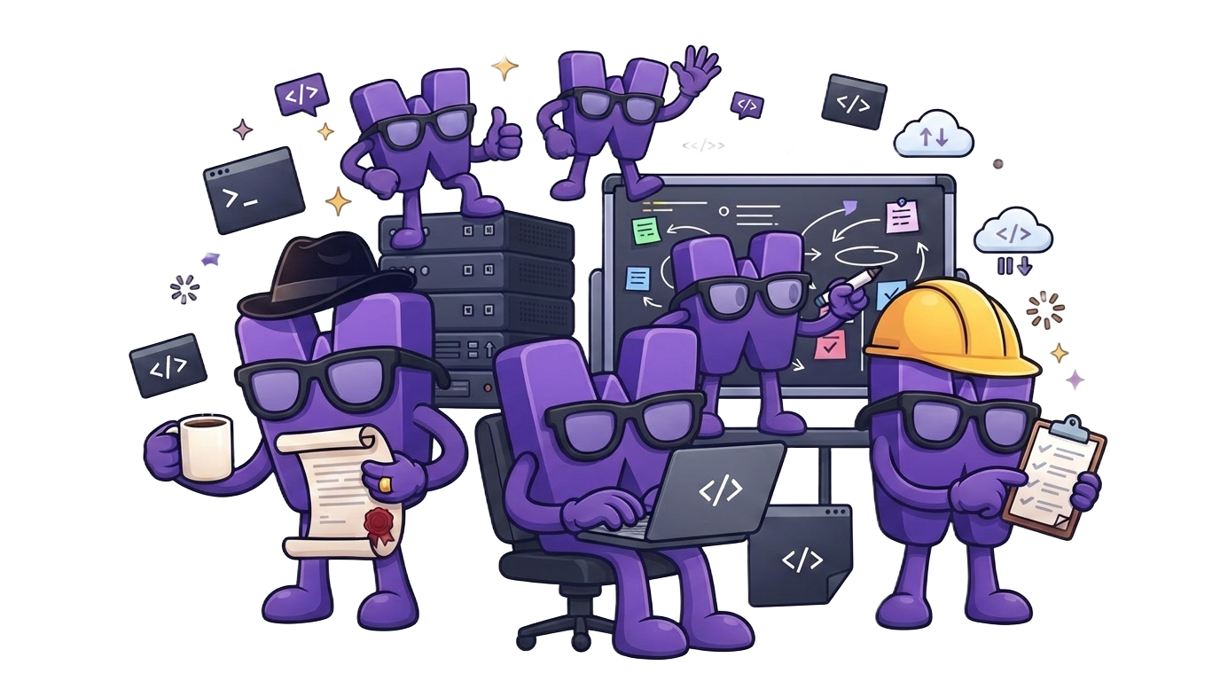 The Wanta.dev mascot team planning, coding and shipping software